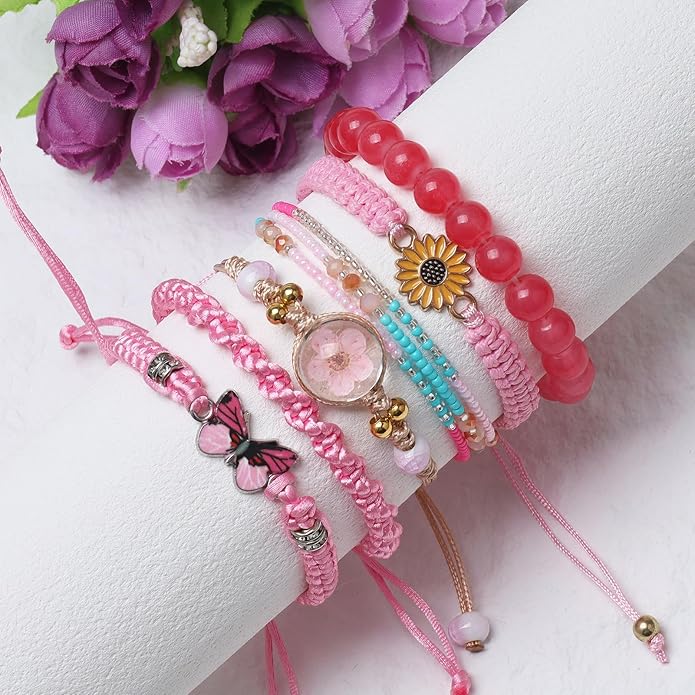 DS 6PCS String beads Charm Bracelets for Teen Girls Handmade Braided Rope Butterfly daisies Eternal flower Boho Surfer Bracelet for women Adjustable friendship Stretch birthday jewelry Gift Friends