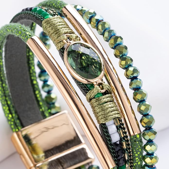 FANCY SHINY Leather Wrap Bracelets Crystal Beads Bracelet Boho Cuff Stone Charm Bracelets with Clasp Costume Jewelry for Women