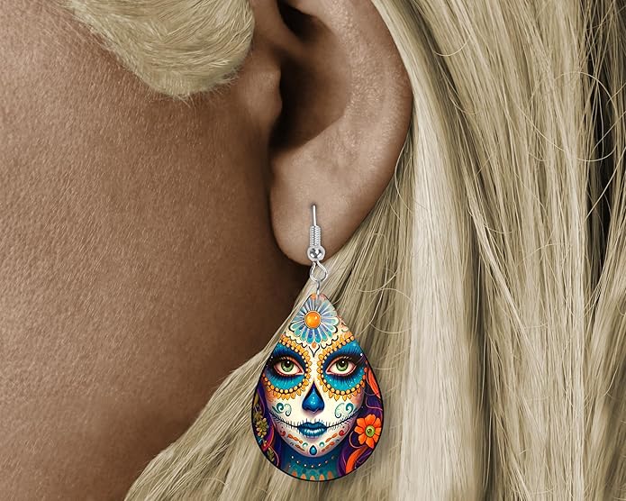 Teardrop Wood Earrings Light Weight Printed Image Dangle Jewelry, Fun and Funky Earrings
