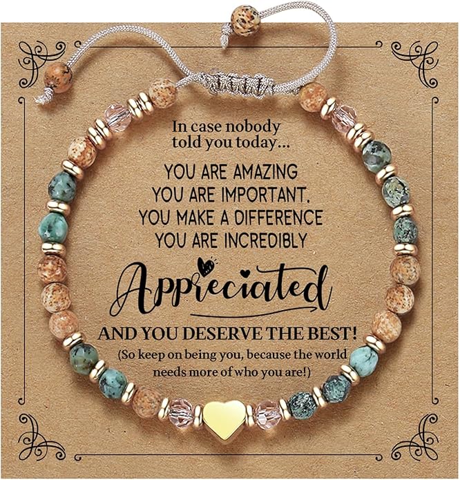 Natural Stone Heart Charm Bracelet - Adjustable Beaded Jewelry for Women, Thinking of You Gift.