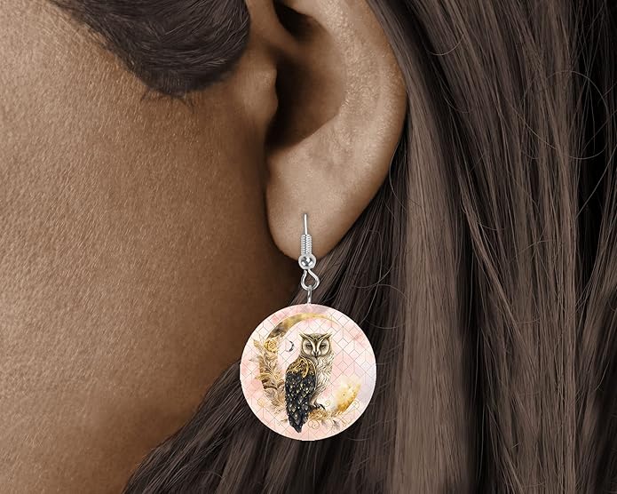 Round Wood Earrings Light Weight Printed Image Dangle Jewelry