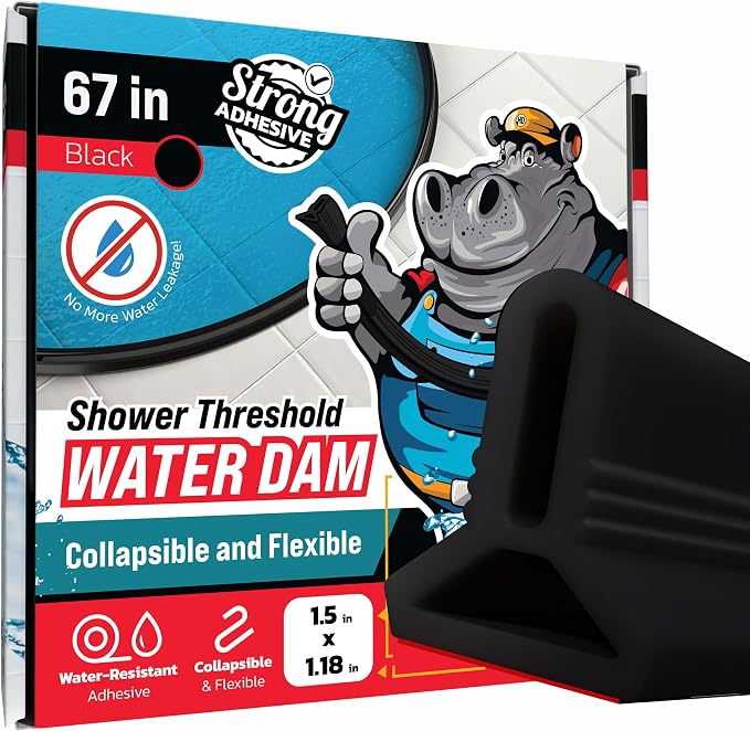 67" Black Shower Threshold Water Dam Barrier, 1.5" Tall Water Stopper Strip | by ExploreHippoDam