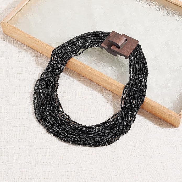 Coiris Beaded Strand Necklace for Women Boho Chunky Beaded Strand Necklace Bohemian Summer Beach Necklace Jewelry for Women(N0059-Black)