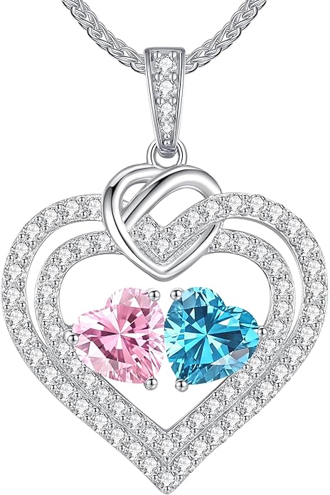 LOUISA SECRET Sparkling Double Heart Birthstone Necklaces for Women, 925 Sterling Silver Fine Jewelry, Pendant Heart Necklaces Birthday Anniversary Christmas Gift for Women Wife Mom Girlfriend Lady