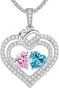 LOUISA SECRET Sparkling Double Heart Birthstone Necklaces for Women, 925 Sterling Silver Fine Jewelry, Pendant Heart Necklaces Birthday Anniversary Christmas Gift for Women Wife Mom Girlfriend Lady