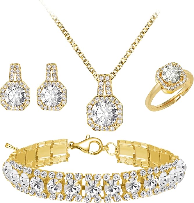 4pcs Cubic Zirconia Wedding Jewelry Sets for Bride Bridesmaid Cubic Zirconia Pendant Necklace Earrings Link Tennis Bracelet Open Ring Set for Women