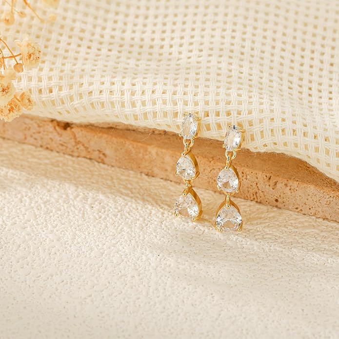 14K Gold Plated Dangle Earrings for Women Dainty Silver Drop Earring Trendy Small Long Dangling Wedding Bridesmaid Hoop Diamond Crystal Cute Earring Jewelry Valentine Gifts
