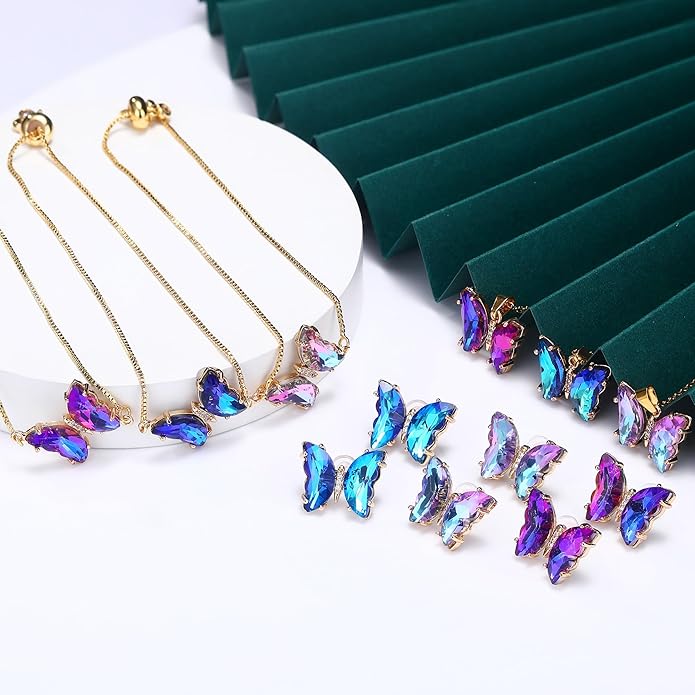 MISS RIGHT Butterfly Crystal Jewelry Set with Butterfly Necklace Stud Earrings Bolo Bracelet Adjustable Ring for Women Trendy, Iridescent Y2K Dainty Butterfly Jewelry Gifts