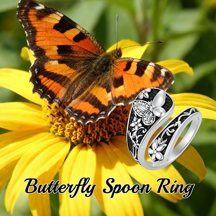 LOANGO Spoon Ring for Women 925 Sterling Silver Spoon Rings Adjustable Oxidized Vintage Thumb Rings Sunflower Hummingbird Butterfly Bee Cardinal Jewelry Gifts for Women Men