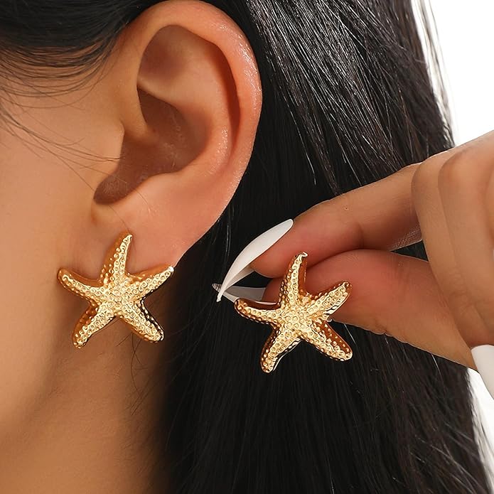 Gold Starfish Earrings for Women Trendy Dainty Starfish Statement Stud Earrings Hypoallergenic Summer Beach Ocean Coastal Jewelry