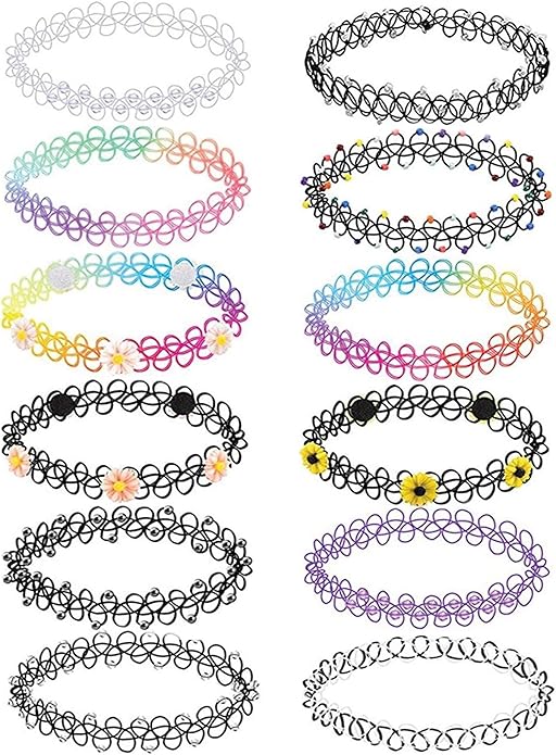 BodyJ4You 12PC Tattoo Choker Necklace for Women - 90s Choker Necklaces Y2K Fashion Trendy Vintage - Emo Black Choker Rainbow Pink White Purple Neon Green Blue Daisy Flower