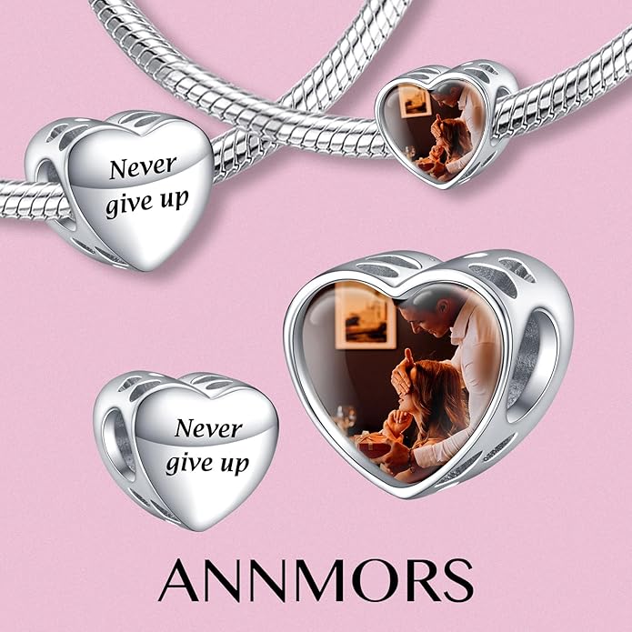 Annmors Personalized Photo Charms For Bracelets/Necklace 925 Sterling Silver Love Heart Shaped Engraved Customize Picture Gift for Birthday Mother's Day,Bead Charms Jewelry for Women