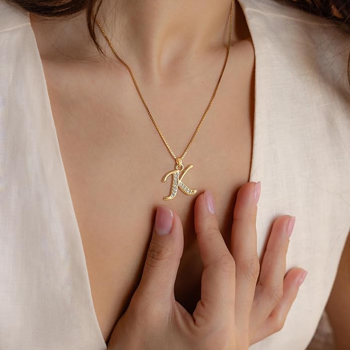 Initial Necklace for Women, 14K Gold Plated Box Chain Letter Pendant, Trendy Name Necklace, Dainty Personalized Jewelry Valentines Day Gift for Her