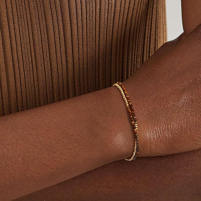 MYEARS Women Beaded Bracelet Gold Double Layer Gemstone 14K Simple Dainty Handmade Chain Everyday Boho Beach Jewelry