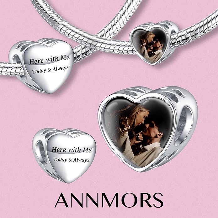 Annmors Personalized Photo Charms For Bracelets/Necklace 925 Sterling Silver Love Heart Shaped Engraved Customize Picture Gift for Birthday Mother's Day,Bead Charms Jewelry for Women