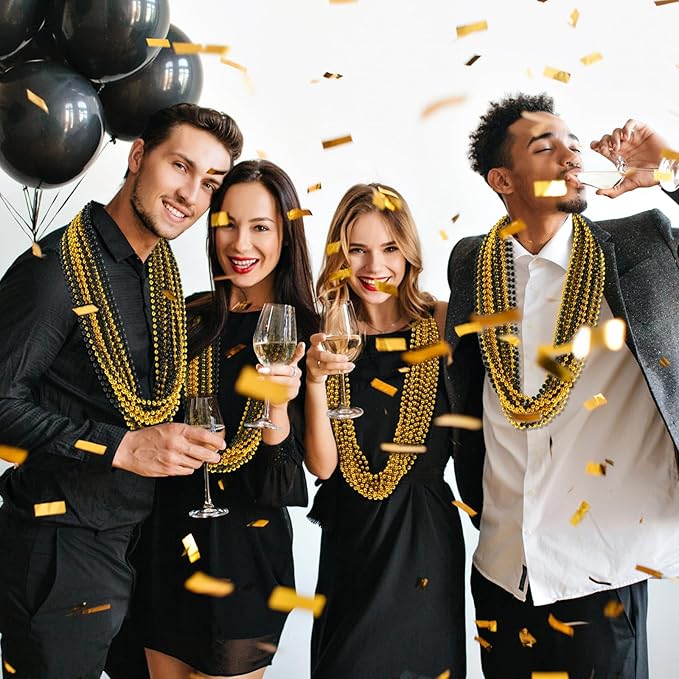 ZYFLSQ 100PCS Beaded Necklace, 33" 7mm New Year Eve Bead Necklaces Bulk, Metallic Mardi Gras Beads Necklaces, Happy New Year Parade Throws Costume Accessories, Party Favors Decorations (Black Gold)