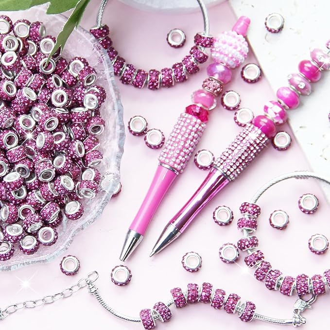 200Pcs Rose Red Large Hole Rhinestone European Craft Big Beads for DIY Bracelet Necklace Jewelry Making Supplies