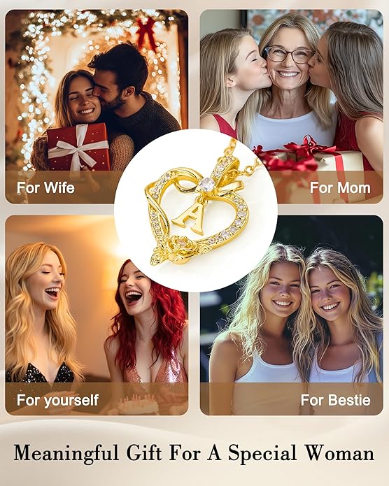 Initial Heart Necklace Gift for Women – 14K Gold Plated Rose Pendant, Personalized Letter Jewelry for Wife, Mom, Grandma, Sister – Birthday, Anniversary for Her