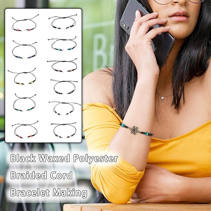11 Pcs Adjustable Braided Cords Black Waxed Braided Thread Half Finished Bracelet with Porcelain Beads for DIY Women Jewelry Making Friendship Fashion Bangle Accessory