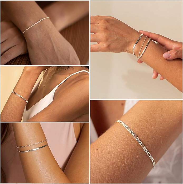 DEARMAY Dainty Silver Plated Bracelets for Women Trendy, Silver Jewelry Set for Women Bracelets for Women Paperclip Box Herringbone Figaro Rope Chain Bracelet Fashion Pack Gifts for Women