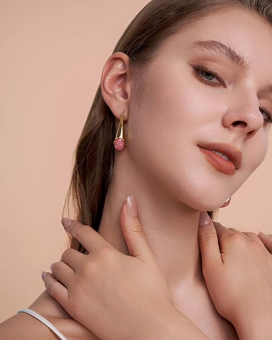 Long Oval Chunky Dangle 18K gold plated Hoops with Colored Resin Gemstone Statement Earrings for Women by SNGIA, (Green, Brown, Blue, Pink, White, Cream), Bold Drop Handmade Exaggerated Irregular Trendy Bohemian Jewelry Gifts, Unique Dangling Teardrop ...
