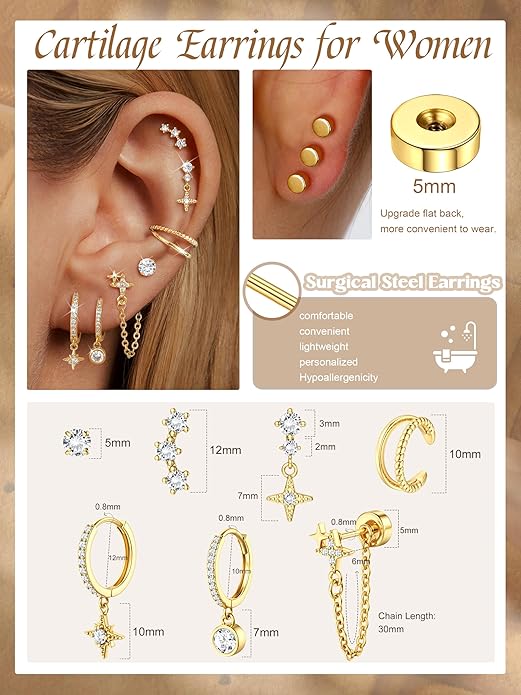 Dochais Flat Back Cartilage Earrings for Women Trendy Dainty CZ Flatback Studs Earing Sets 14k Gold Plated Hypoallergenic Huggie Hoops Earring Stacks for Multiple Piercing