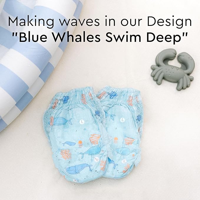 LILLYDOO Baby Swim Diapers - Size Large (31+ lbs), Half-Monthly Supply (34 Count), Blue Whales Design, Skin-Friendly, Perfume- & Chlorine-Free, Hypoallergenic, Dermatologist Tested, Oeko-TEX®