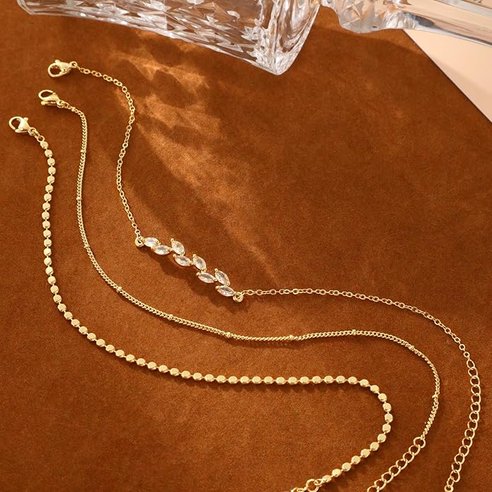 MIDEEO Gold/Silver Ankle Bracelets for Women,14K Gold Anklets for Women Waterproof Cuban Link Heart Beads Herringbone Rhinestone Anklets Set Layered Anklet Bracelets for Women Gold Jewelry Gift