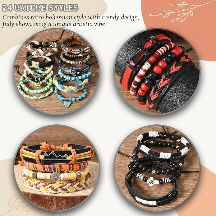 Punk Beaded Bracelets Pack for Men Women, Mens Bracelet Set with Beads, Mens Bead Bracelet Stackable Gothic Boho Adjustable Men Bead Bracelet Pack