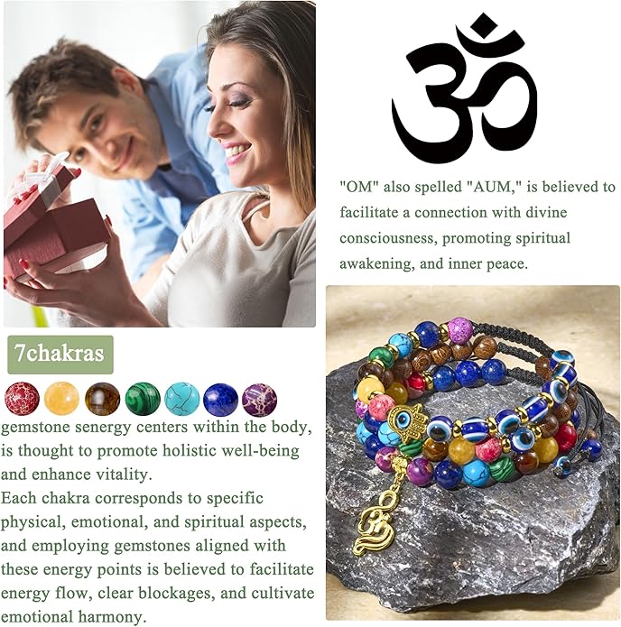 Bivei Chakra Bead Bracelets for Women - 8mm 7 Chakra Bracelet With Real Stones Yoga Gemstone Jewelry 3 Pack