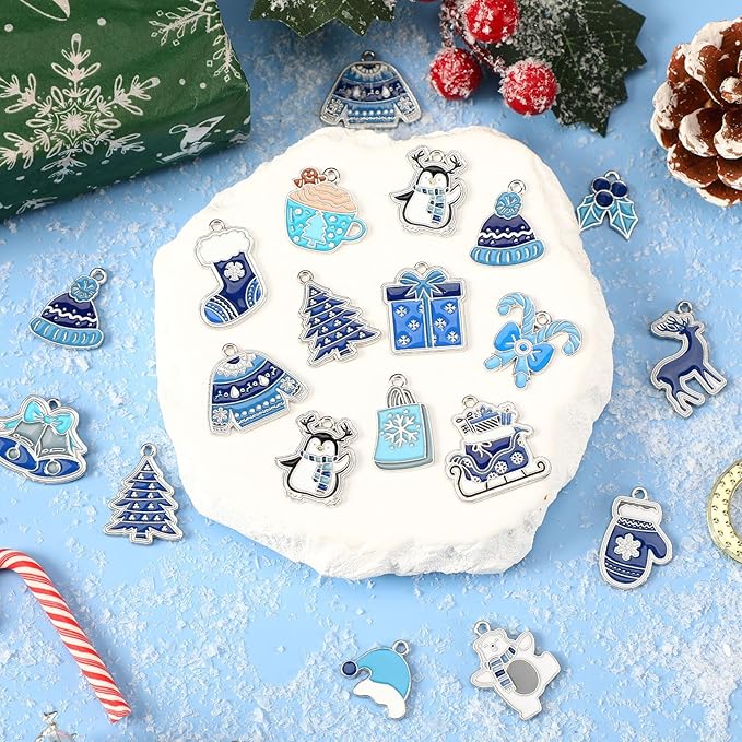 MARFOREVER 40Pcs/20 Pairs Winter Charms, Christmas Winter Charms for Jewelry Making, Snowflake Snowman Polar Bear Penguin Enamel Charm Pendants for Bracelet Necklace Earrings Making Accessories