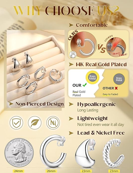 YADOCA 9 Pairs Gold Clip on Earrings for Women 14K Gold Plated Waterdrop Chunky Clip on Hoop Earrings No Piercing Fake Earrings Set