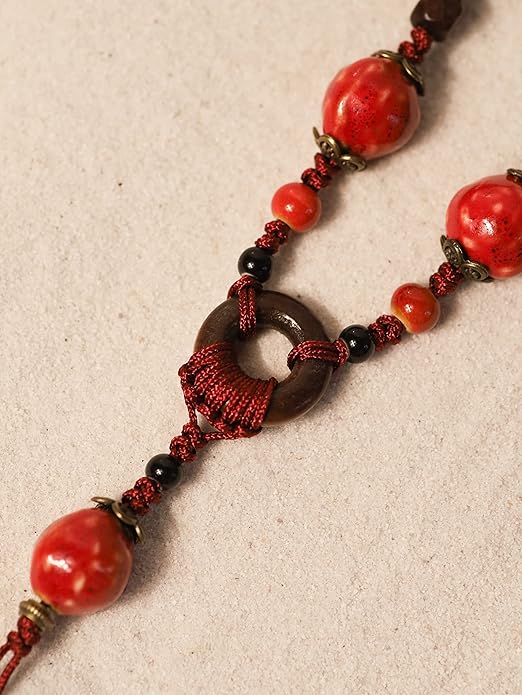 MINACHI Boho Hippie Colorful Ceramic Beads Strand O Ring Circle Charm Long Y Necklace, Vintage Bohemian Statement Jewelry Gift for Women