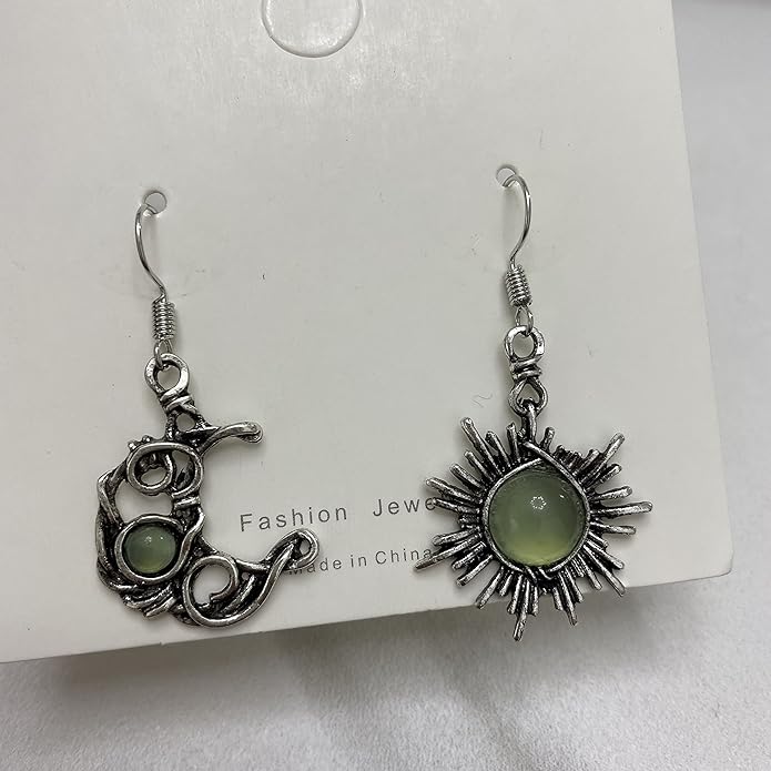 ANDPAI Unique Chic Abstract Hollow Black Vintage Silver Asymmetry Moon Star Sun Dangle Drop Earrings Black Moonstone Moon Hypoallergenic Earrings for Women Statement Jewelry Gifts