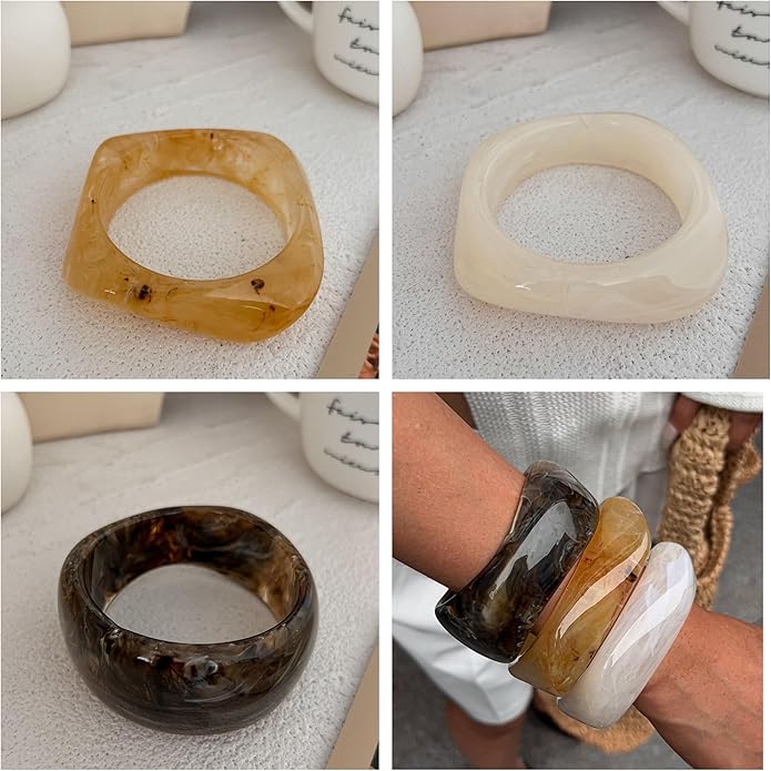 ALEXTINA 3Pcs Acrylic Resin Bangles for Women, Wide Resin Bracelets Chunky Cuff Bracelets Set Stackable Bracelets, Summer Vacation Jewelry Gift for Women