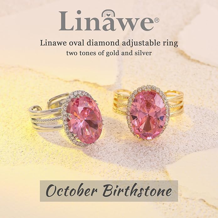 Linawe Birthstone Chunky Adjustable Rings for Women, Gold/Silver/Rose Gold Statement Rings, Imitation Diamond Fake Gemstone Crystal Cocktail Ring, Cubic Zirconia Costume Jewelry