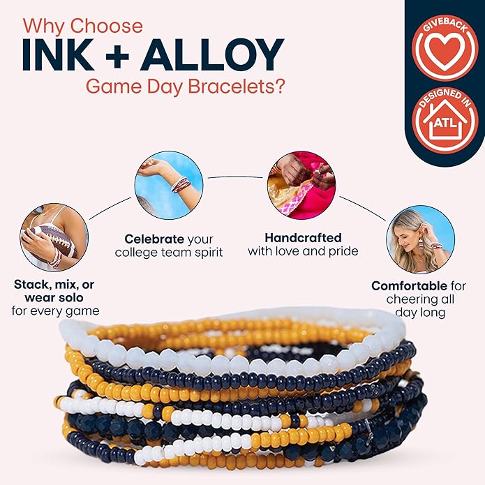 INK + ALLOY Game Day Bracelet Stacks, Beaded Bracelets for Football Gameday Outfits, Handmade Jewelry for College Students, Teachers, Football Moms, Set of 10
