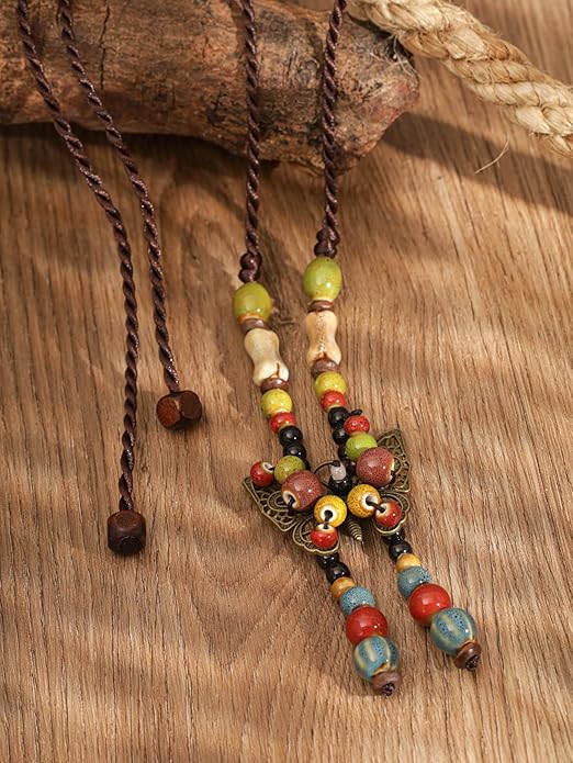 MINACHI Hippie Boho Colorful Ceramic Bead Butterfly Charm Pendant Y Necklace, Vintage Bohemian Statement Jewelry Gift for Women