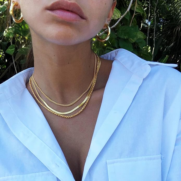 Gold Layered Necklaces for Women, 14K Gold Plated Dainty Gold Chain Choker Necklace Stack, Herringbone Gold Necklaces Set