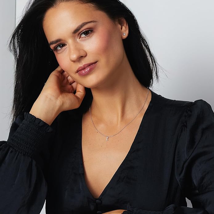 JTV Sterling Silver Initial Necklace for Women, 0.13 CTW White Cubic Zirconia Letter Pendant, Rhodium-Plated, Personalized Monogram Jewelry, Gift Box Included, 18”
