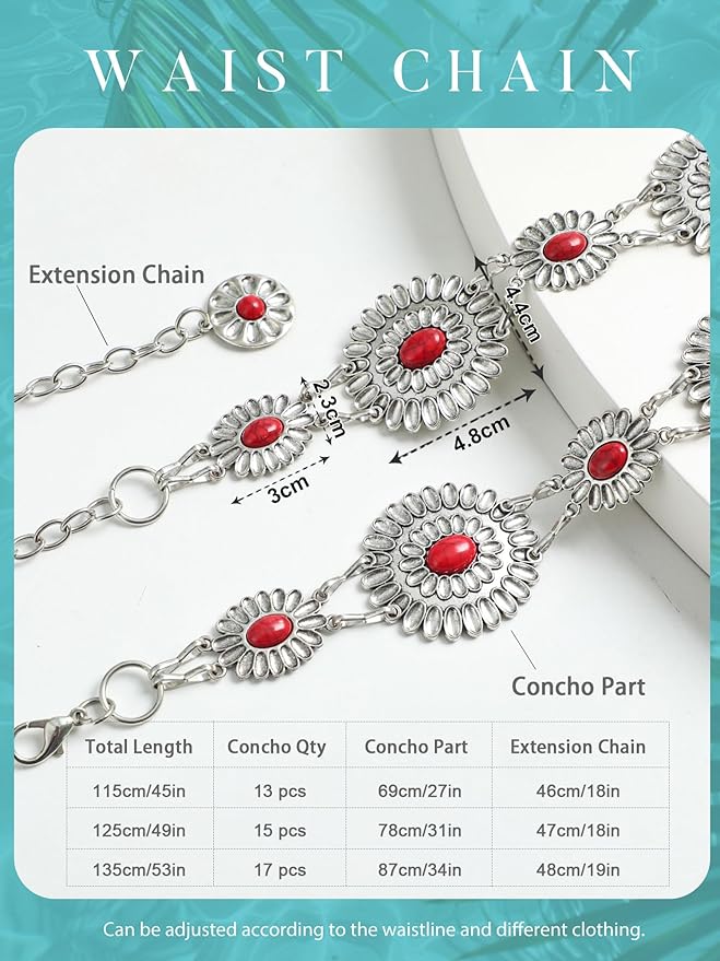 FIORETTO Metal Waist Chain Link Belt for Women Western Cowgirl Boho Turquoise Belts for Dress Jeans Country Concert Outfit