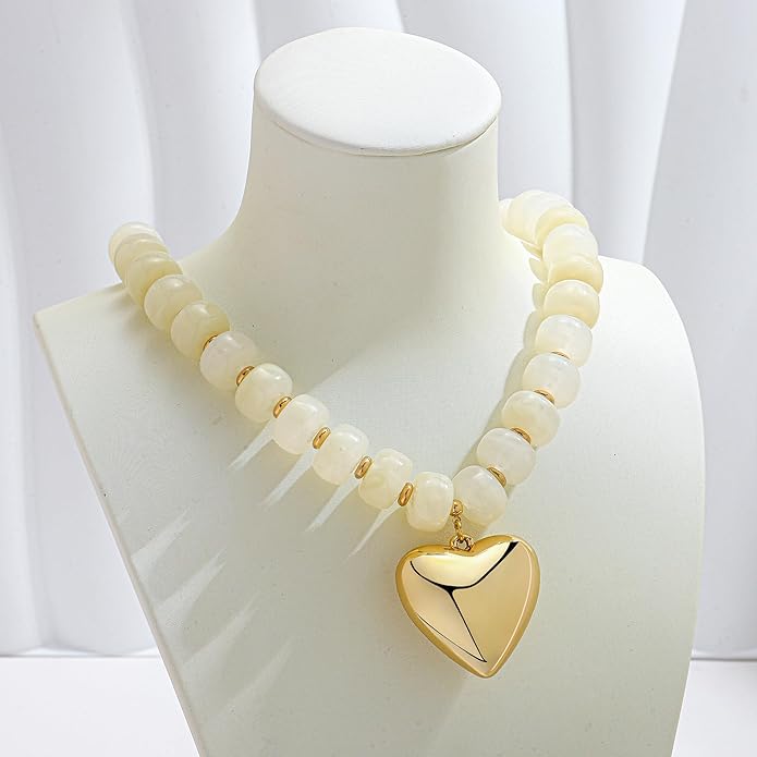 WOWORAMA Chunky Heart Necklaces for Women Colorful Resin Beaded Choker Necklace Gold Puffy Heart Statement Necklace Trendy Acrylic Choker Jewelry
