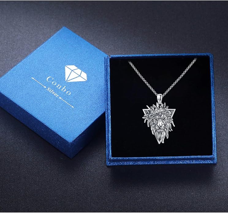 Cuoka Lion Necklace for Men Women S925 Sterling Silver King Retro Punk Gothic Hip Hop Rock Animal Lion Head Pendant Charm Jewelry Chain Necklace Viking Protection Amulet Necklaces