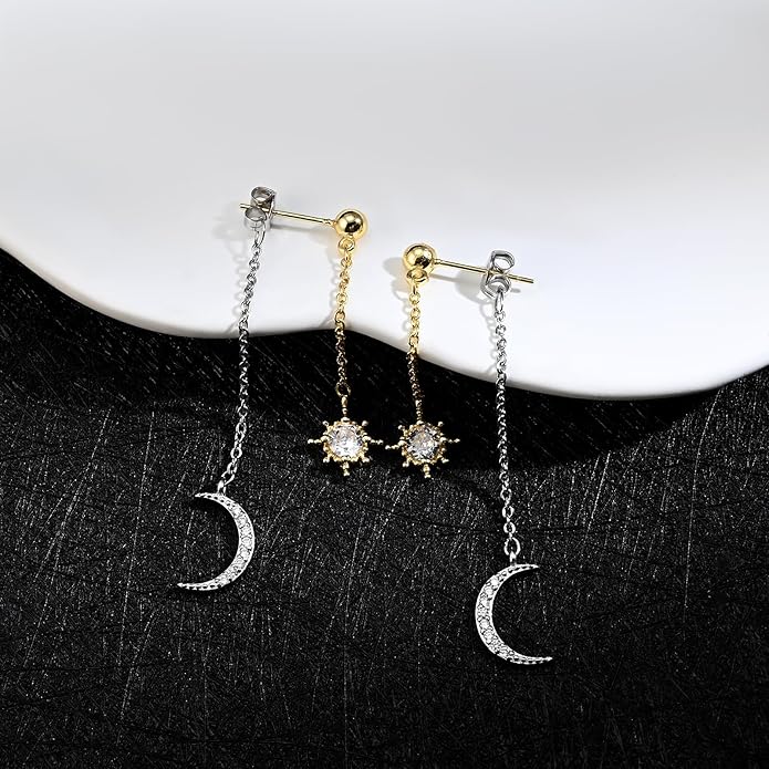 Moon and Star dangle Earrings for Women Chain Tassel with Cubic Zirconia Drop Celestial Jewelry for Wedding Gift