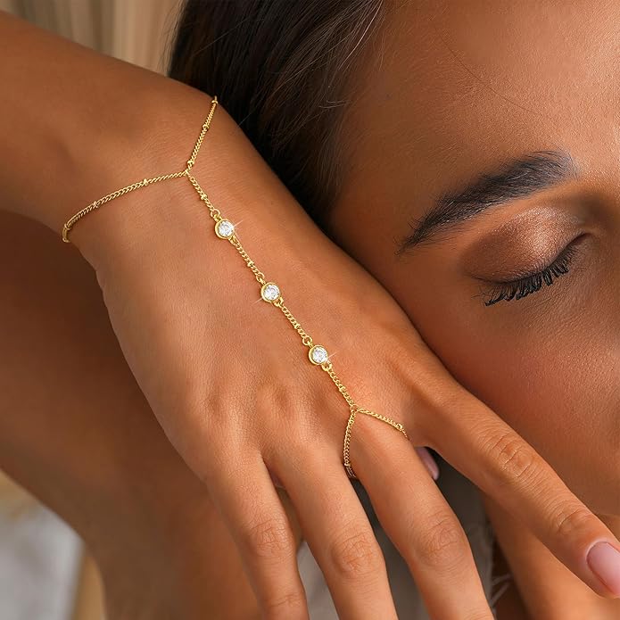 CHESKY 14K Gold Plated Hand Chain Bracelets for Women Set - Dainty Finger Ring Bracelet Stack Adjustable Hand Chains Durable Beaded Bracelets Trendy Simple Body Jewelry Gift for Women