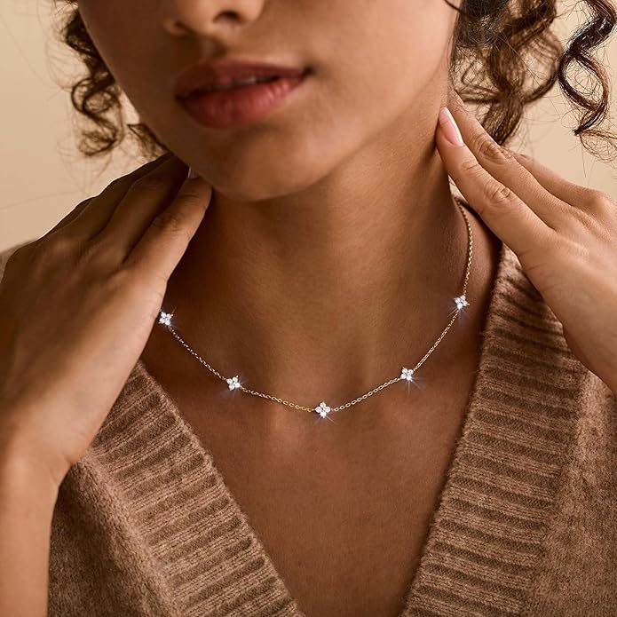 VRIUA Necklaces for Women - 14K Gold/Silver Plated Dainty Chain Necklace with Five Charms: Diamond, Bow, Snowflake, Cross, Flower, Clover, Butterfly, Heart, Star of David, and Star Trendy Jewelry