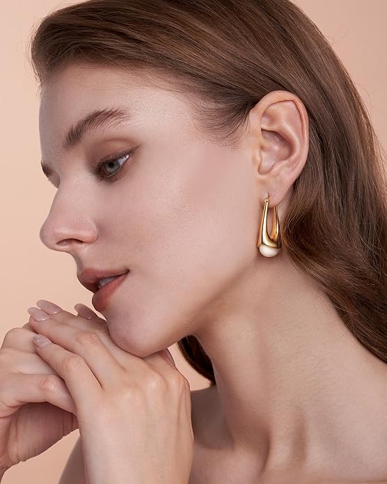 Long Oval Chunky Dangle 18K gold plated Hoops with Colored Resin Gemstone Statement Earrings for Women by SNGIA, (Green, Brown, Blue, Pink, White, Cream), Bold Drop Handmade Exaggerated Irregular Trendy Bohemian Jewelry Gifts, Unique Dangling Teardrop ...