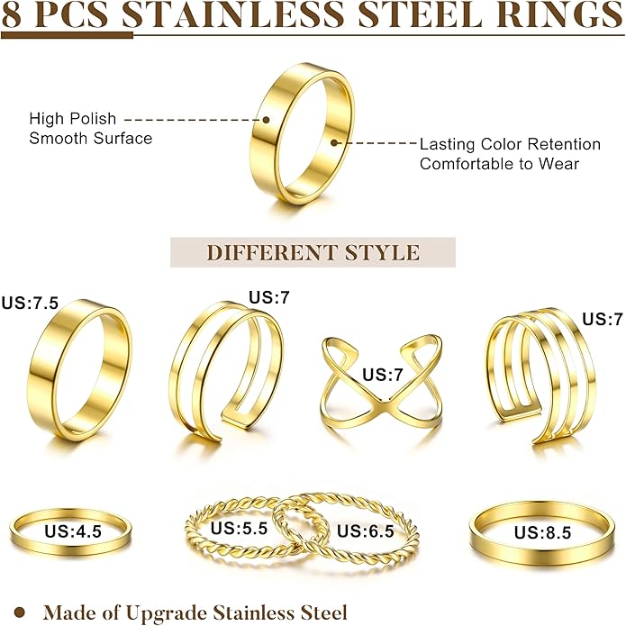 HAIAISO Silver Rings for Women Non Tarnish Stainless Steel Rings Set Dainty Gold Band Ring Stack Simple Stackable Thumb Pinky Ring for Multiple Size