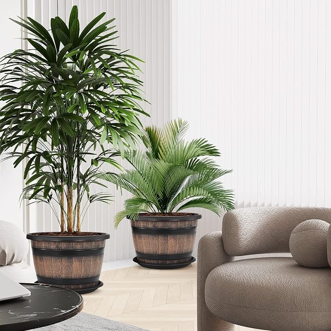 Quarut Large Plastic 3 Pack16 inch Plant Pots, Whiskey Barrel Planters - Image 5