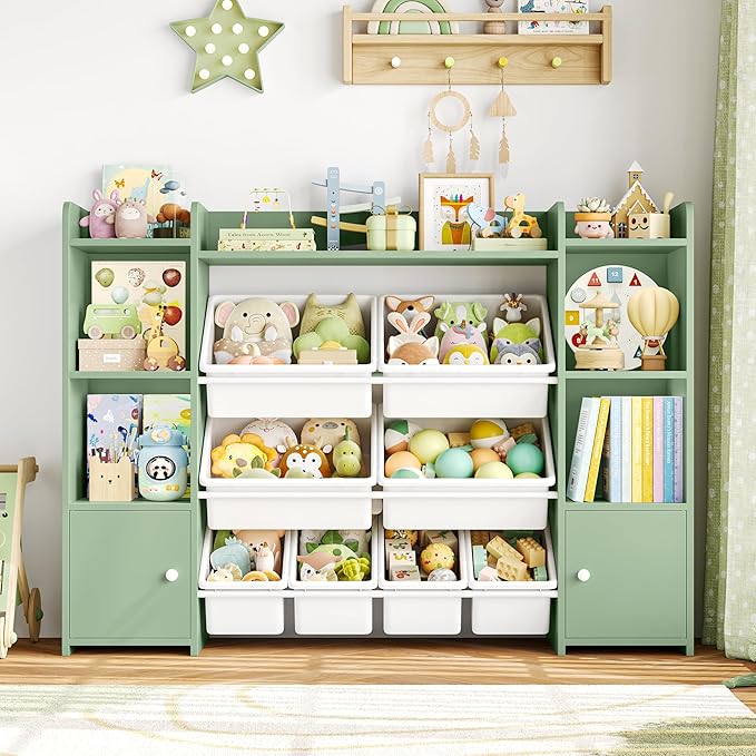 FOTOSOK 55''Large Toy Storage Organizer with 8 Toy Bins, Toy Organizers and Storage with Shelf and 6 Storage Cubbies, Bookshelf for Kids, Playroom Organization and Storage Bins, Green